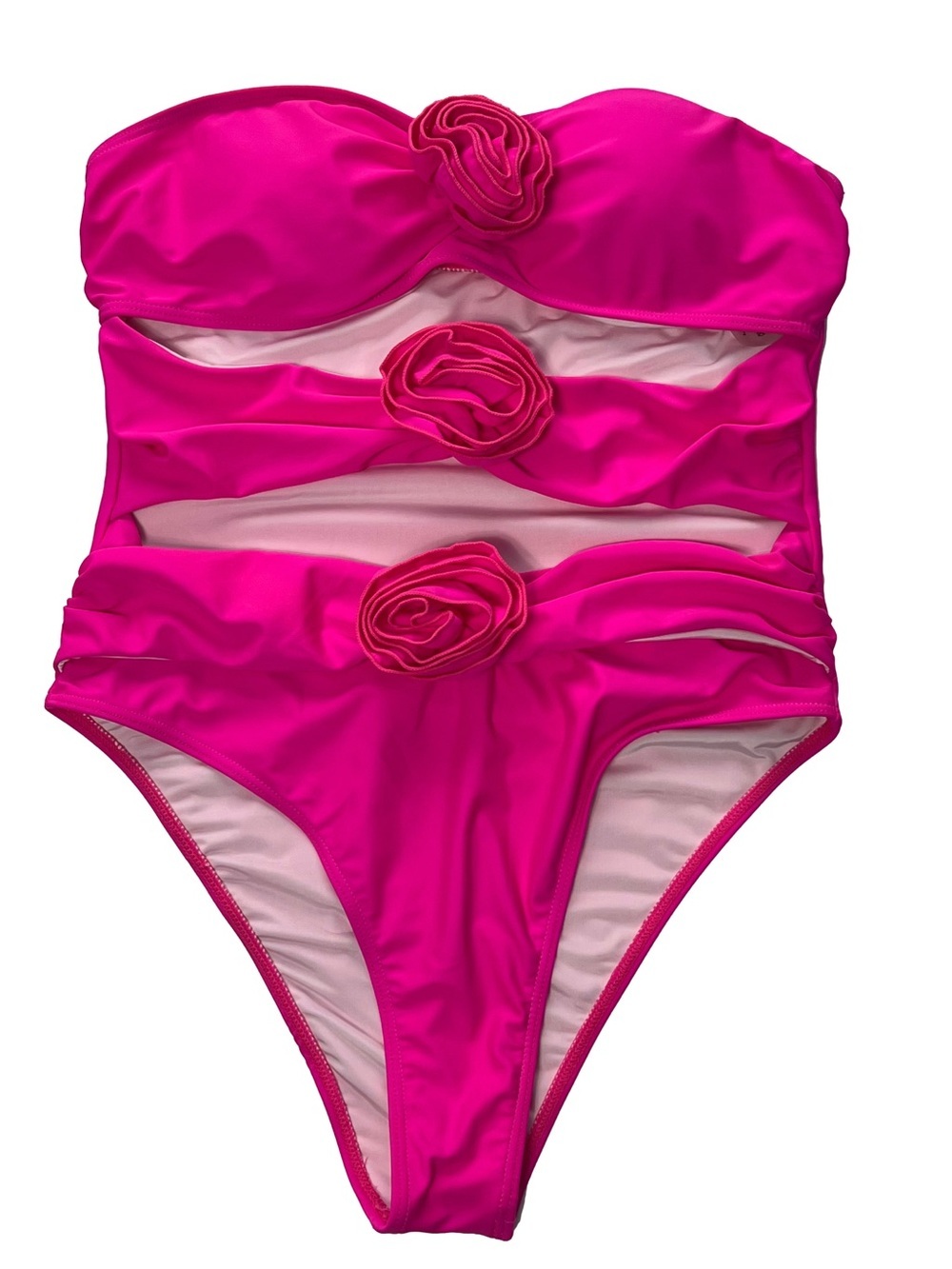 Strapless One Piece Swimsuit with Cut Outs and Rosettes Hot Pink Size Large